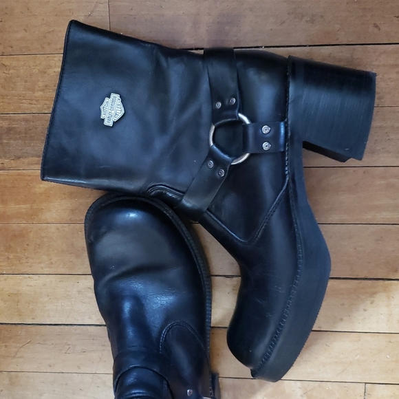 Harley-Davidson Shoes - Vintage Harley Davidson 90's Y2K Harness Moto Leather Chunky Heel Boots …